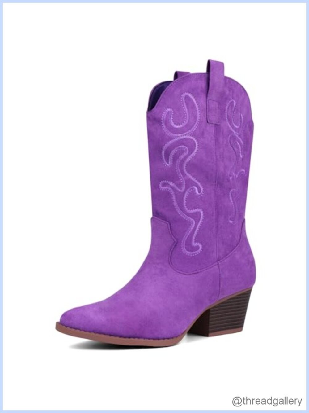 Faux Suede Cowboy Cowgirl Boot Embroidered Mid Calf Western Low Block Heel